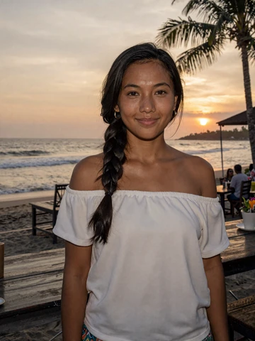 Indonesian Balinese woman at beachside cafe in Bali sunset, representing modern Indonesian dating scene on iDatingZone