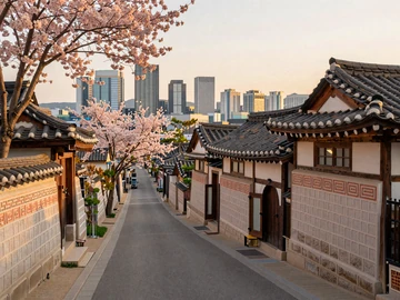 Bukchon Hanok Village traditional Korean houses in Seoul blending tradition with modern skyline, representing Korean dating culture