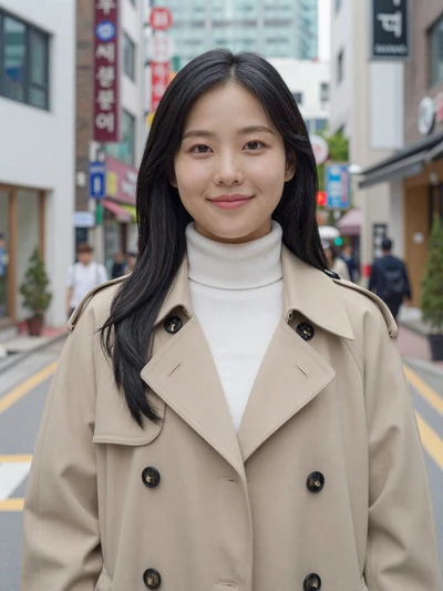 Soyeon, 27, Korean woman from Seoul in beige trench coat in Gangnam district seeking genuine cross-cultural connection
