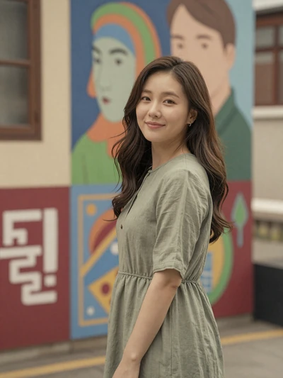 Mirae, 26, Korean woman from Gwangju in sage green dress at art district, looking for genuine love connection