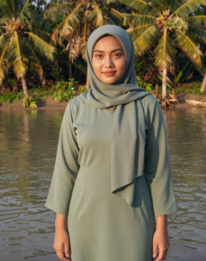 Siti, 29, Bruneian professional woman from Tutong near tropical river in sage green dress, looking for serious relationship