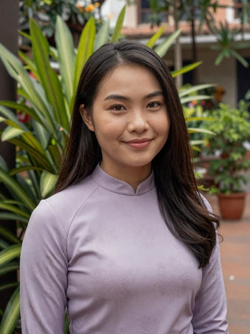 Vietnamese woman in lavender blouse smiling in tropical Hanoi garden, representing authentic Vietnamese dating profiles on iDatingZone