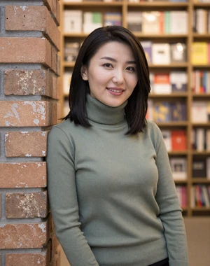 Aruzhan, 31, Kazakh woman from Karaganda in sage turtleneck in cozy bookshop, seeking committed relationship