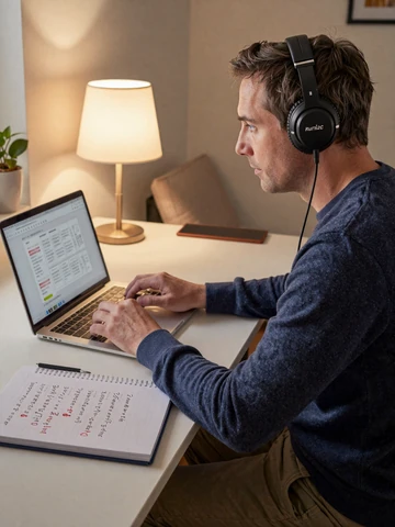 Western man studying Japanese on laptop as part of learning his Asian partner's language for dating