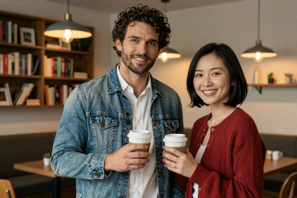 Daniel and Mei Ling, Canadian-Chinese couple at a Shanghai cafe, online dating success story