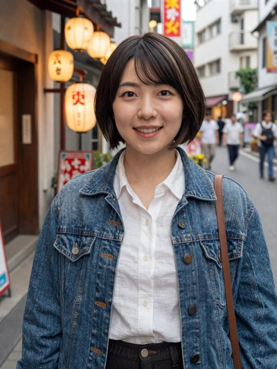 Mika, 25, Japanese woman from Osaka on a warm evening street with lanterns
