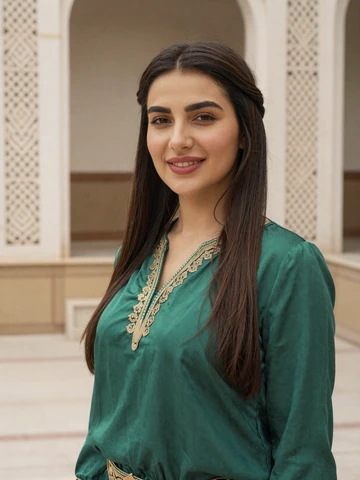 Turkmen woman in elegant emerald green silk blouse with gold embroidery standing in marble courtyard, representing genuine Turkmen dating profiles