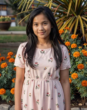 Sangay, 23, Bhutanese woman from Gelephu in subtropical garden with marigolds, interested in cross-cultural love