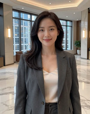 Yuna, 33, Korean-American professional woman from New York in modern office setting, seeking lifelong partner