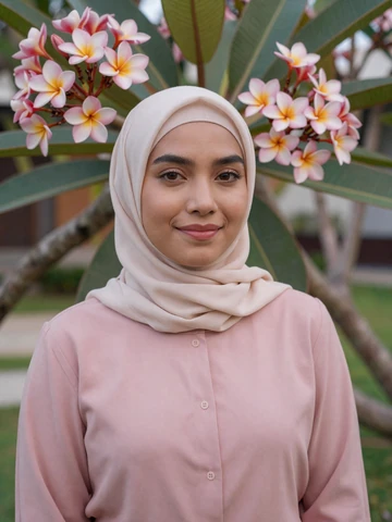 Malaysian woman in modern pastel blouse with light hijab smiling in tropical garden in Kuala Lumpur, representing genuine Malaysian dating profiles