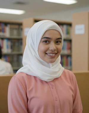 Fadhilah, 24, Bruneian woman from Seria in coral pink blouse at library, interested in meaningful international dating