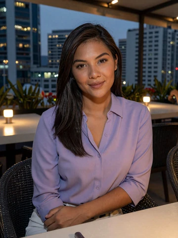 Filipina woman at Manila rooftop restaurant in evening setting, representing modern Philippine dating scene on iDatingZone