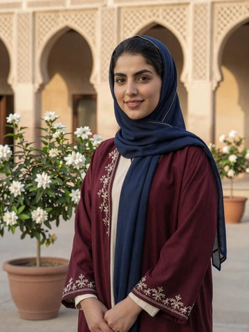 Yemeni woman in elegant navy hijab and burgundy tunic smiling in courtyard, representing genuine Yemeni dating profiles