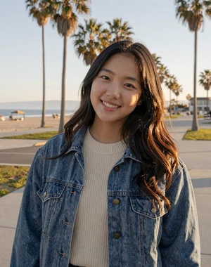 Eunji, 25, Korean-American woman from Los Angeles on sunny boardwalk, interested in serious international relationship