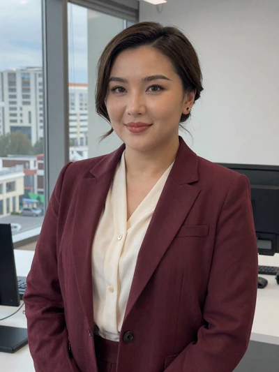 Kanykei, 31, Kyrgyz professional woman from Bishkek in office setting, interested in cross-cultural relationship