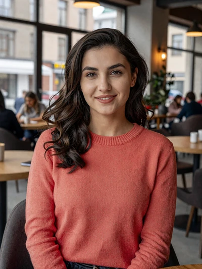Aidana, 26, Kyrgyz woman from Bishkek in modern cafe, seeking meaningful cross-cultural connection