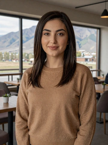 Kazakh woman in elegant camel sweater smiling in Almaty cafe with Tian Shan mountains visible through window, representing genuine Kazakh dating profiles