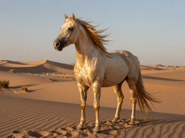 Golden Akhal-Teke horse with metallic shimmering coat standing in Karakum Desert at sunset, Turkmenistan national symbol of strength and beauty