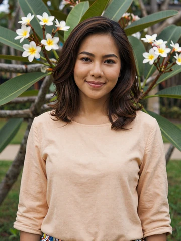 Thai woman in light peach blouse smiling in tropical garden near Bangkok, representing genuine Thai dating profiles on iDatingZone
