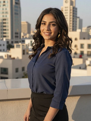 Stylish Jordanian woman in navy blouse smiling on Amman rooftop terrace with city skyline, representing genuine Jordanian dating profiles