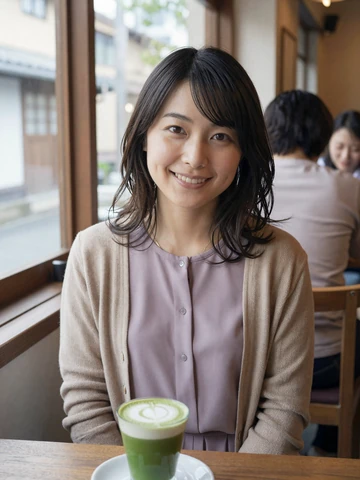Japanese woman in lavender blouse at a Kyoto cafe enjoying matcha, representing authentic Japanese dating profiles on iDatingZone