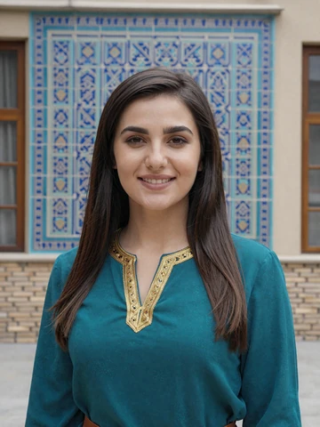 Uzbek woman in teal blouse with gold embroidery smiling in traditional courtyard with blue tilework, representing genuine Uzbek dating profiles