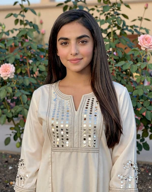 Hosna, 26, Afghan woman from Kandahar in rose garden wearing traditional embroidered dress, looking for meaningful relationship