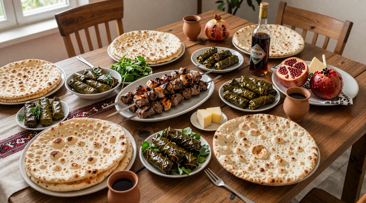 Traditional Armenian feast with lavash bread, khorovats grilled meat, dolma, pomegranates, wine and brandy on rustic table, representing Armenian hospitality in dating culture