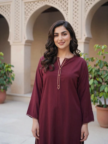 Afghan woman in elegant burgundy tunic smiling in courtyard with carved stone arches, representing genuine Afghan dating profiles