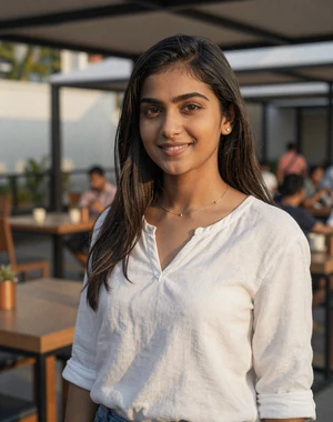 Farida, 27, Afghan woman from Kabul in modern cafe setting, seeking meaningful cross-cultural connection
