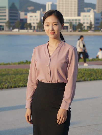Eunji, 29, Korean professional woman from Incheon in dusty rose blouse at waterfront park, seeking serious relationship