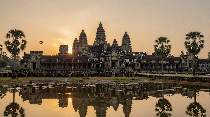 Angkor Wat temple at sunrise with golden reflection in lotus pond, representing Cambodia's rich Khmer heritage and cultural depth