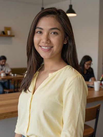 Maria, 27, Filipino woman from Manila with a warm smile in a modern café setting