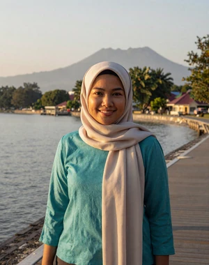 Siti, 28, Malaysian woman from Kota Kinabalu near waterfront with Mount Kinabalu background, looking for meaningful relationship