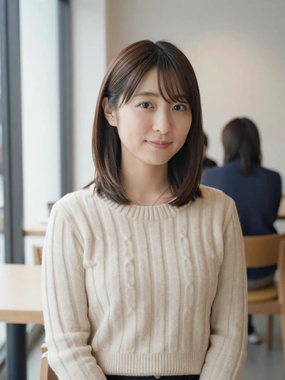 Haruka, 27, Japanese woman from Tokyo with warm smile in modern cafe setting