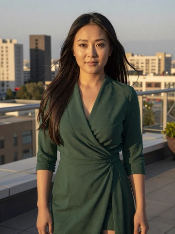 Mongolian woman in elegant green dress on Ulaanbaatar rooftop at golden hour, representing modern Mongolian singles on iDatingZone