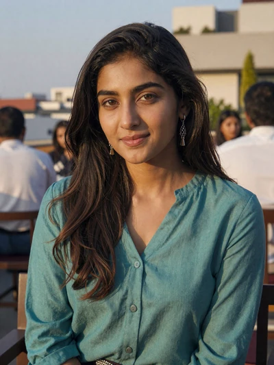 Aisha, 28, Indian woman from Hyderabad at rooftop restaurant, interested in serious international relationship