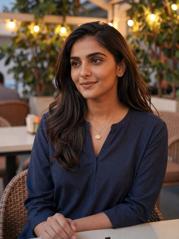 Pakistani woman at outdoor restaurant in evening, representing modern Pakistani dating scene on iDatingZone