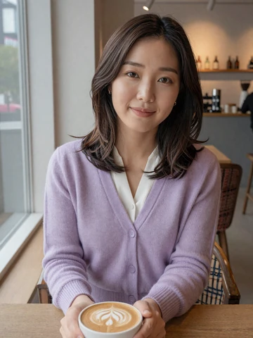 Korean woman in lavender cardigan at a modern Seoul cafe with latte art, representing genuine Korean dating profiles on iDatingZone