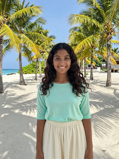 Zaha, 22, Maldivian woman from Naifaru on sandy island path, seeking genuine cross-cultural connection