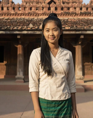 Su Myat, 28, Burmese woman from Mandalay near wooden monastery with thanaka on cheeks, interested in serious international relationship