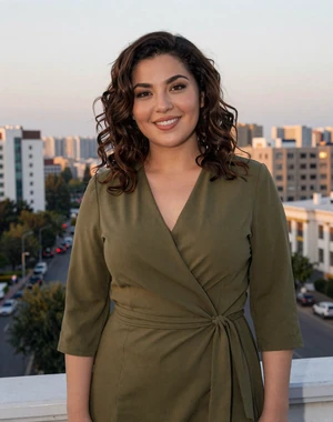 Dilorom, 31, Uzbek woman from Namangan on city balcony in olive dress, interested in cross-cultural relationship