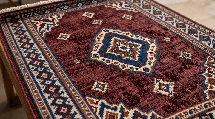 Traditional Turkmen hand-knotted carpet with intricate gül medallion patterns in deep burgundy and ivory, representing UNESCO-recognized carpet weaving heritage in Turkmen dating culture