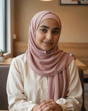 Amal, 26, Yemeni woman from Sana'a in modern cafe wearing rose hijab, seeking meaningful international connection