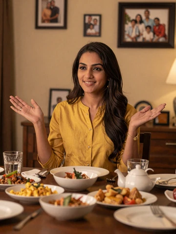 Indian woman welcoming partner to family dinner showing serious relationship sign in Asian dating