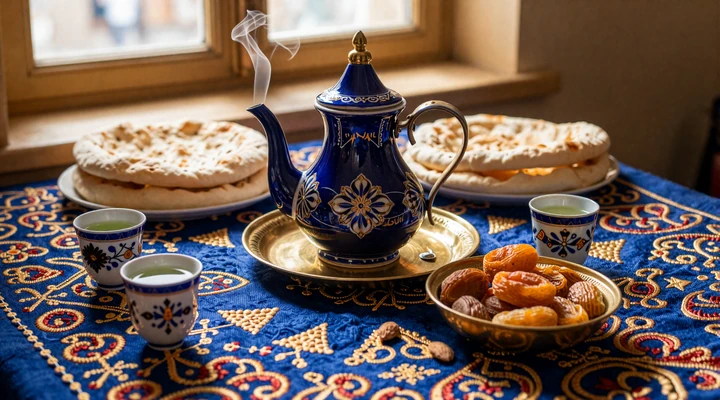 Traditional Tajik green tea ceremony with ornate ceramic teapot, piala cups, dried fruits and fresh non bread on embroidered suzani cloth