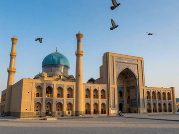 Blue Mosque in Mazar-i-Sharif Afghanistan with stunning tilework and domes at golden hour, representing rich Afghan cultural heritage