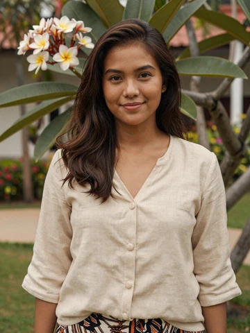 Indonesian woman in casual batik-accented blouse smiling in tropical garden in Jakarta, representing verified Indonesian dating profiles