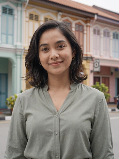 Nurul, 27, Malaysian woman from Penang on colorful heritage street