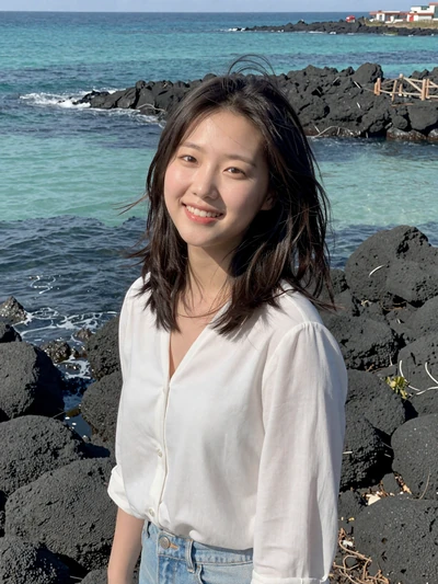 Daeun, 23, Korean woman from Jeju Island on coast in white blouse, seeking meaningful long-term relationship